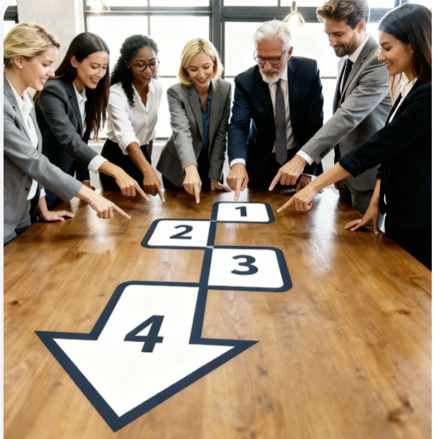 Equipo planificando estrategia empresarial en 4 pasos